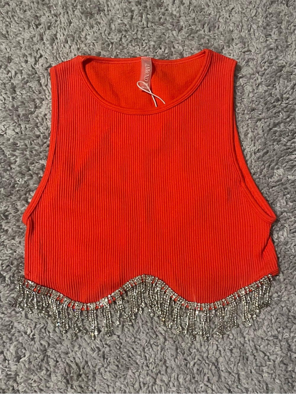 ANWND Orange Ribbed Rhinestone Fringe Cropped Tank Top